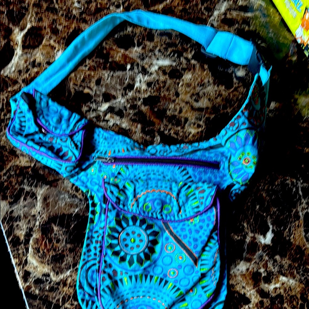 Rising International Blue Patter crossbody Bag, adjustable strap, made in Nepal